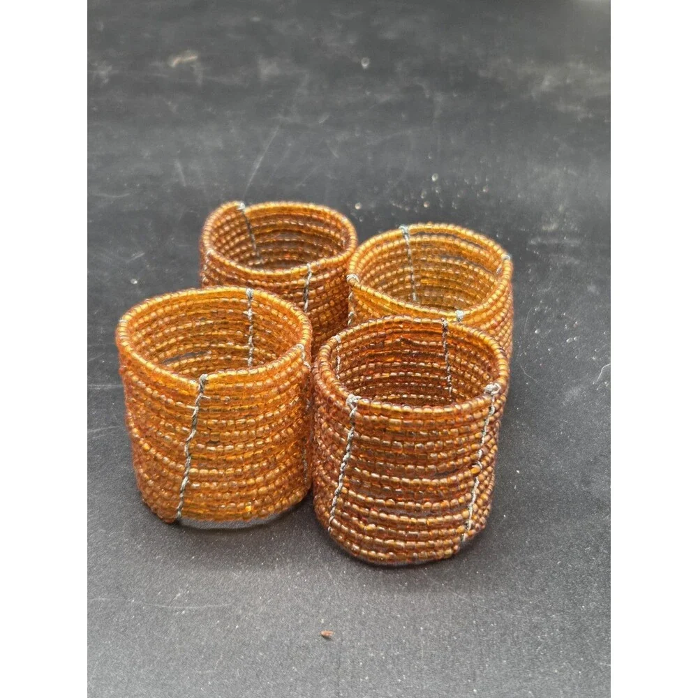 Lot Of 4 Gold Amber Beaded Napkin Rings